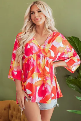 3/4 Sleeve V Neck Ruffled Babydoll Blouse