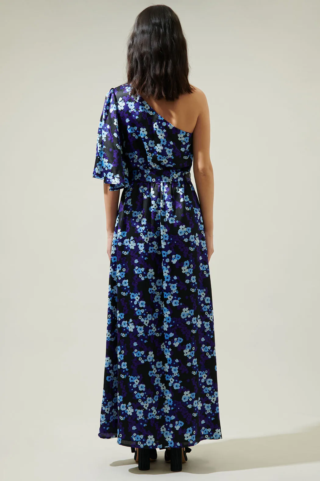 Aster Bloom Meara One Shoulder Satin Maxi Dress