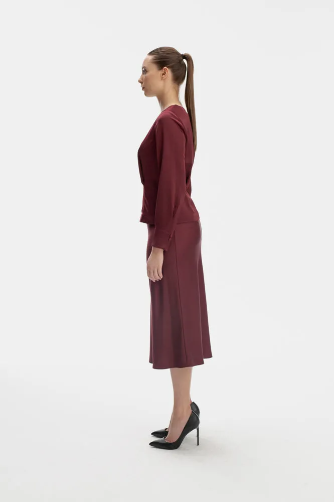 ASYMMETRIC NECK LONG SLEEVE BLOUSE IN BURGUNDY