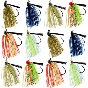 Bass Fishing Jigs Set - 12pcs Weedless Football Jig Flipping Jigs Swim Jigs Rubber Skirted Baits with Weed Guard Fishing Lures Kit