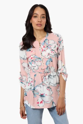 Beechers Brook Floral Belted Roll Up Sleeve Blouse - Pink