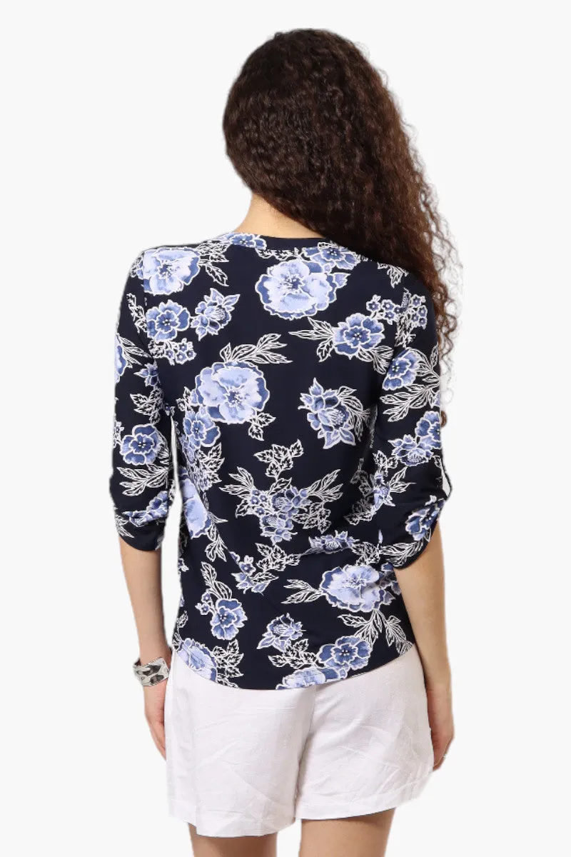 Beechers Brook Floral Half Zip Roll Up Sleeve Shirt - Navy