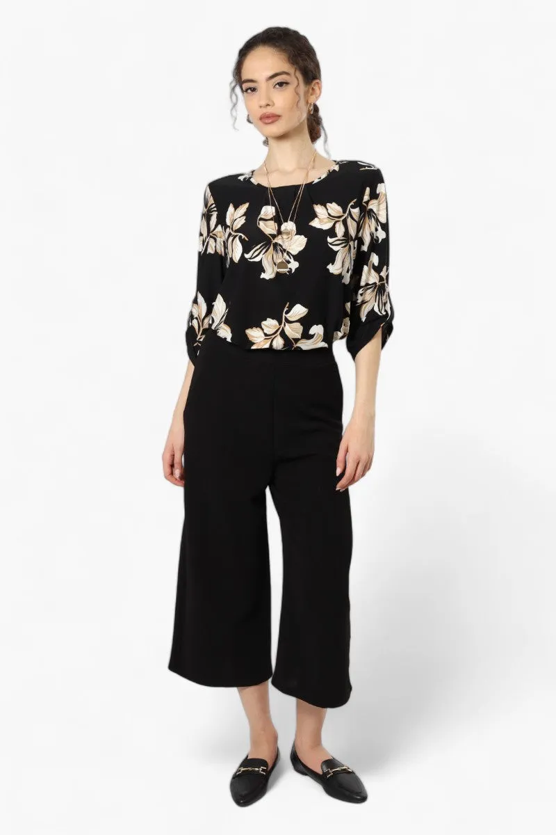 Beechers Brook Floral Roll Up Sleeve Necklace Blouse - Black