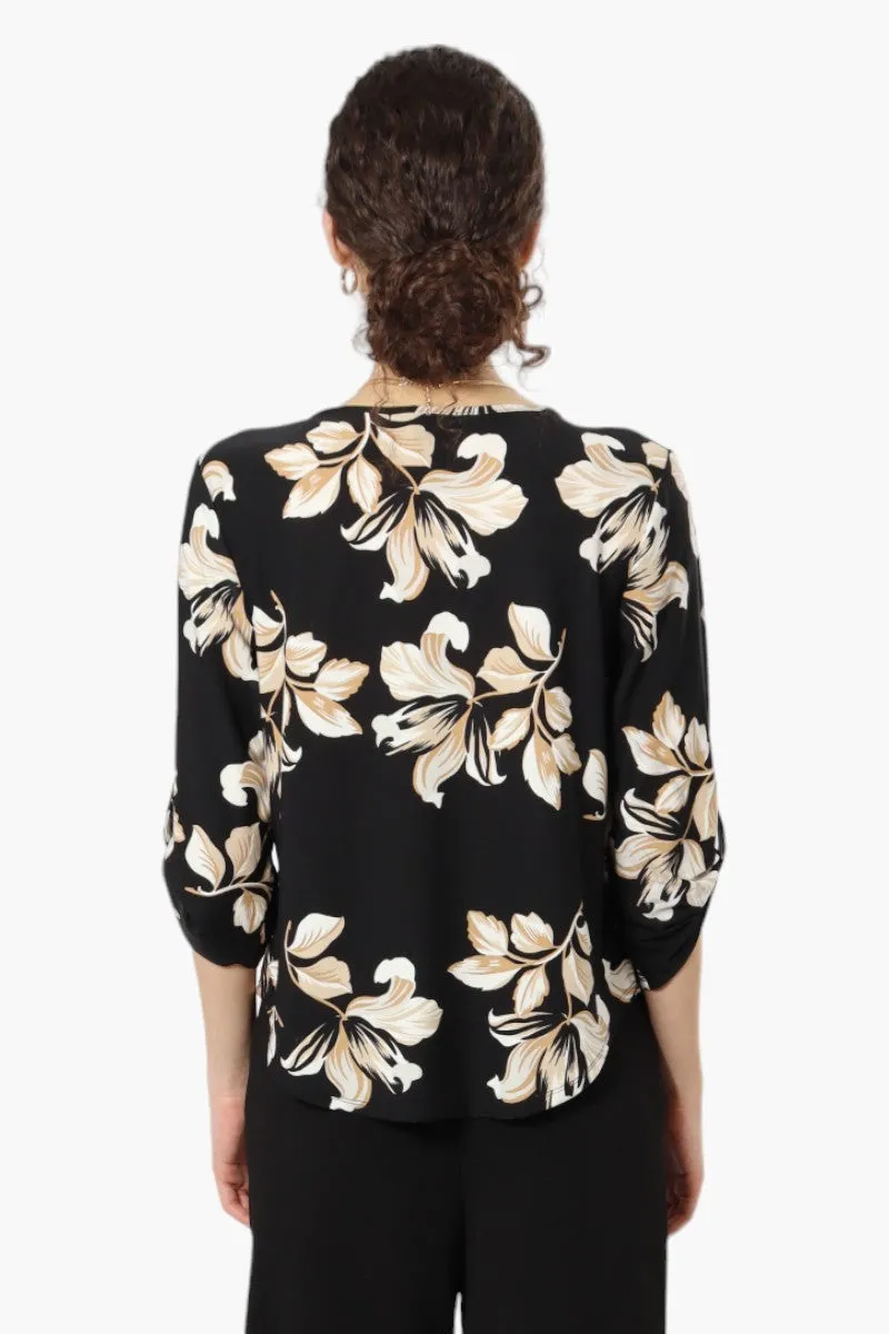 Beechers Brook Floral Roll Up Sleeve Necklace Blouse - Black