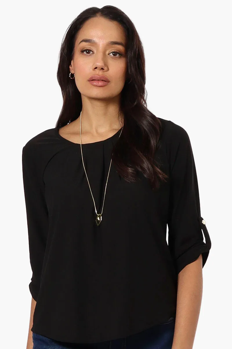 Beechers Brook Solid Roll Up Sleeve Necklace Blouse - Black