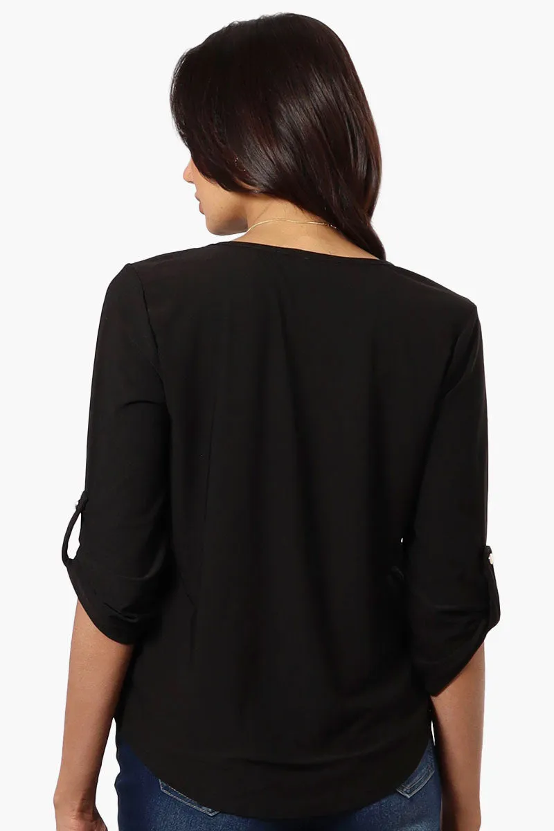 Beechers Brook Solid Roll Up Sleeve Necklace Blouse - Black