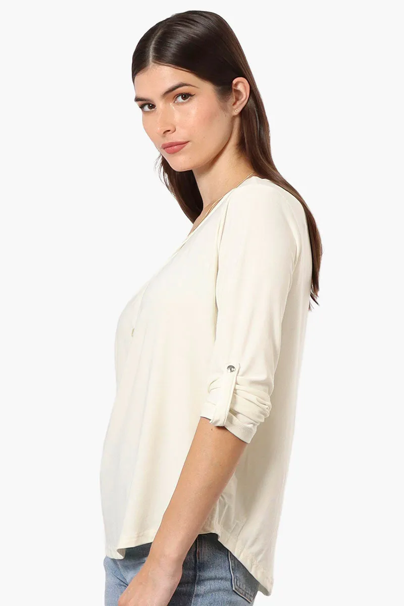 Beechers Brook Solid Roll Up Sleeve Necklace Blouse - Cream