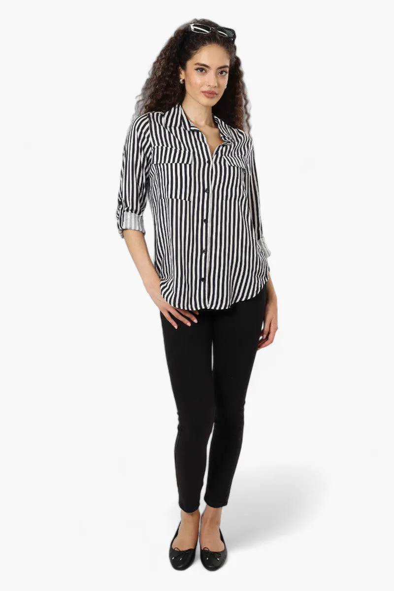 Beechers Brook Striped Roll Up Sleeve Blouse - Black