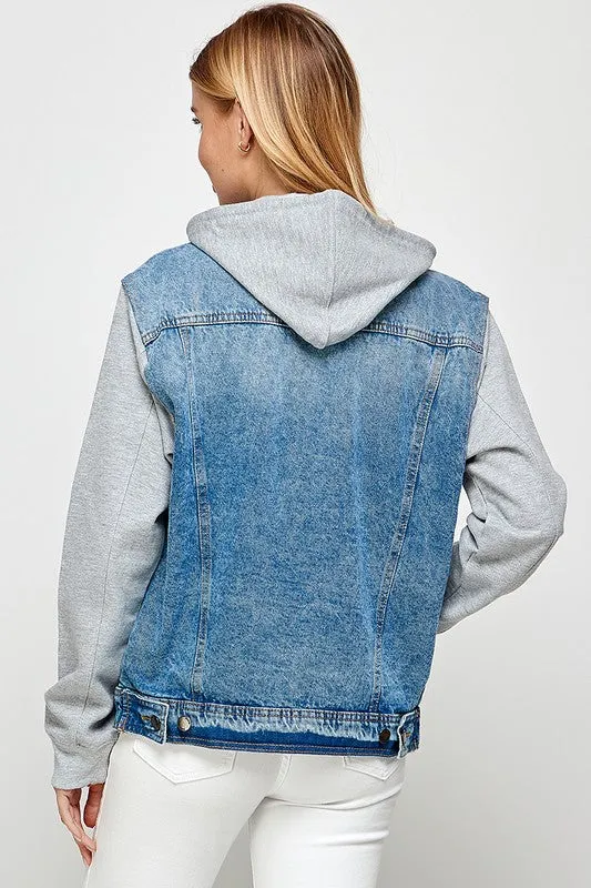 BLUE AGE Women's Medium Blue Denim Jacket with Fleece Hoodies