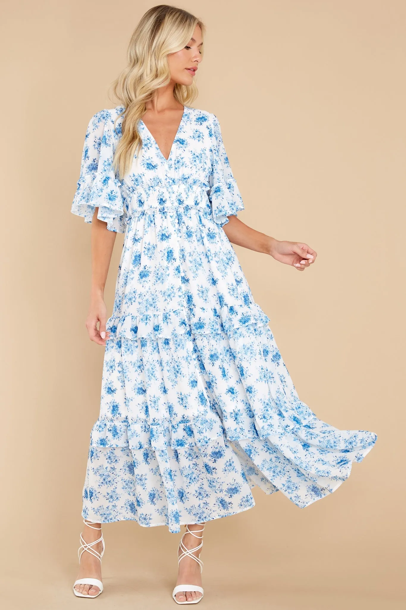 Bright Mornings White And Blue Floral Print Maxi Dress