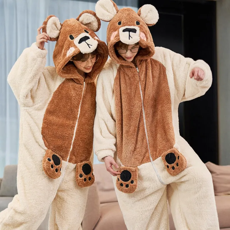 Cartoon Rabbit Themed Couples Pajamas Jumpsuits - Winter Thicken Coral Fleece Sleepwear for Women and Men