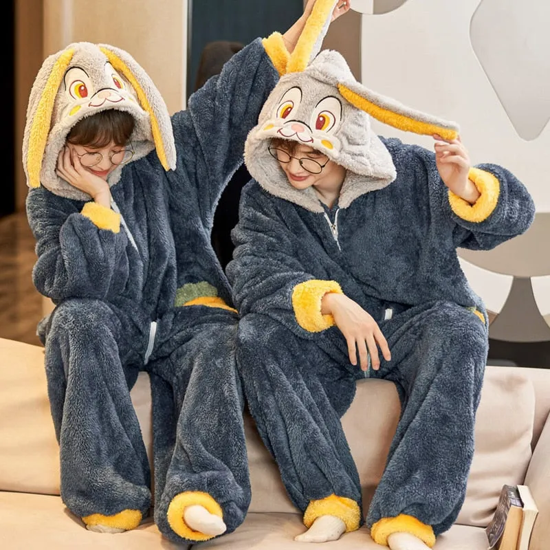 Cartoon Rabbit Themed Couples Pajamas Jumpsuits - Winter Thicken Coral Fleece Sleepwear for Women and Men