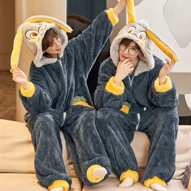 Cartoon Rabbit Themed Couples Pajamas Jumpsuits - Winter Thicken Coral Fleece Sleepwear for Women and Men