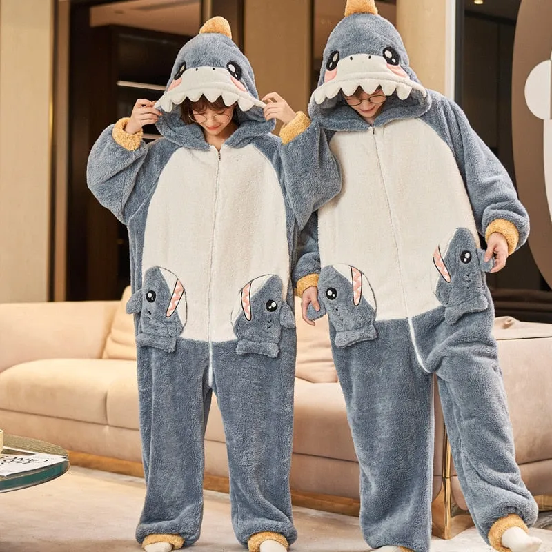 Cartoon Rabbit Themed Couples Pajamas Jumpsuits - Winter Thicken Coral Fleece Sleepwear for Women and Men