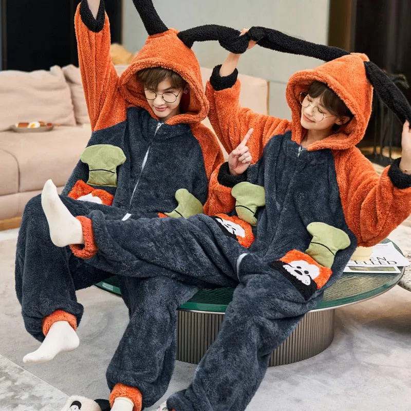 Cartoon Rabbit Themed Couples Pajamas Jumpsuits - Winter Thicken Coral Fleece Sleepwear for Women and Men