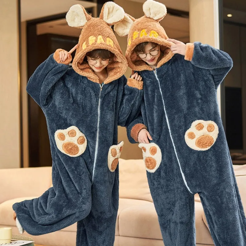 Cartoon Rabbit Themed Couples Pajamas Jumpsuits - Winter Thicken Coral Fleece Sleepwear for Women and Men