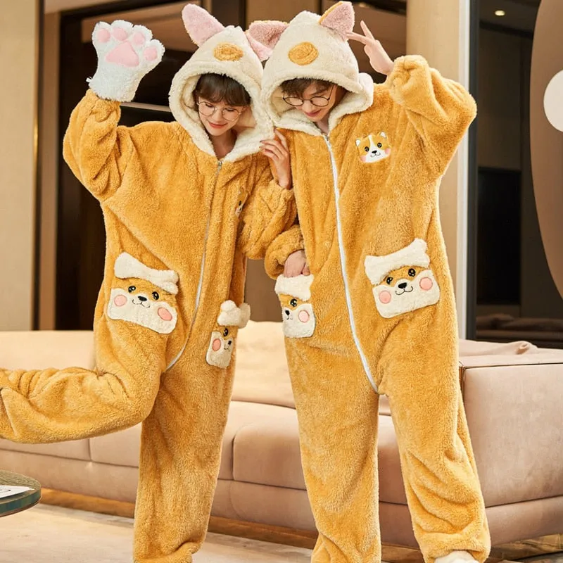 Cartoon Rabbit Themed Couples Pajamas Jumpsuits - Winter Thicken Coral Fleece Sleepwear for Women and Men