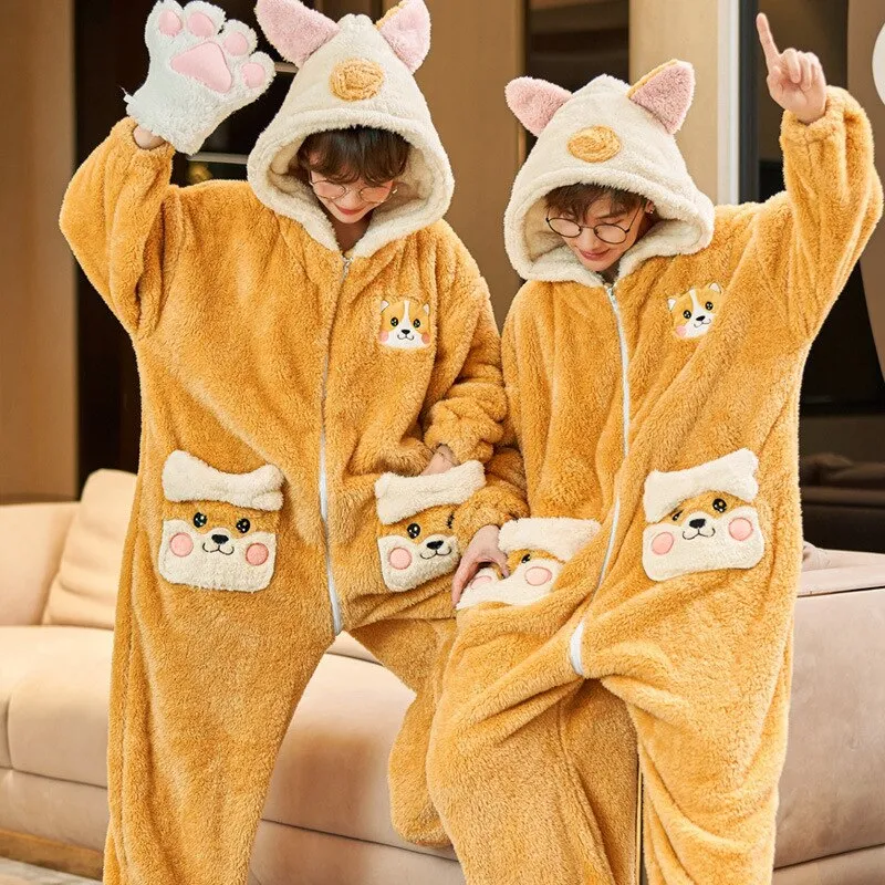 Cartoon Rabbit Themed Couples Pajamas Jumpsuits - Winter Thicken Coral Fleece Sleepwear for Women and Men