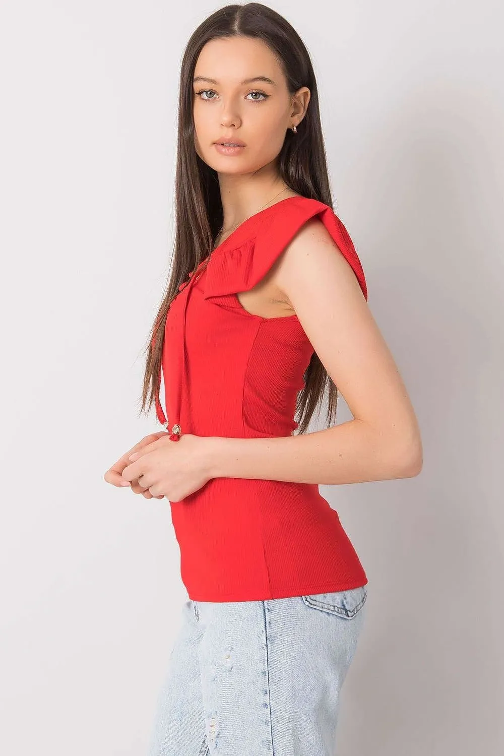 Chic Italian Ribbed Blouse with Stylish Frill and Unique Neckline