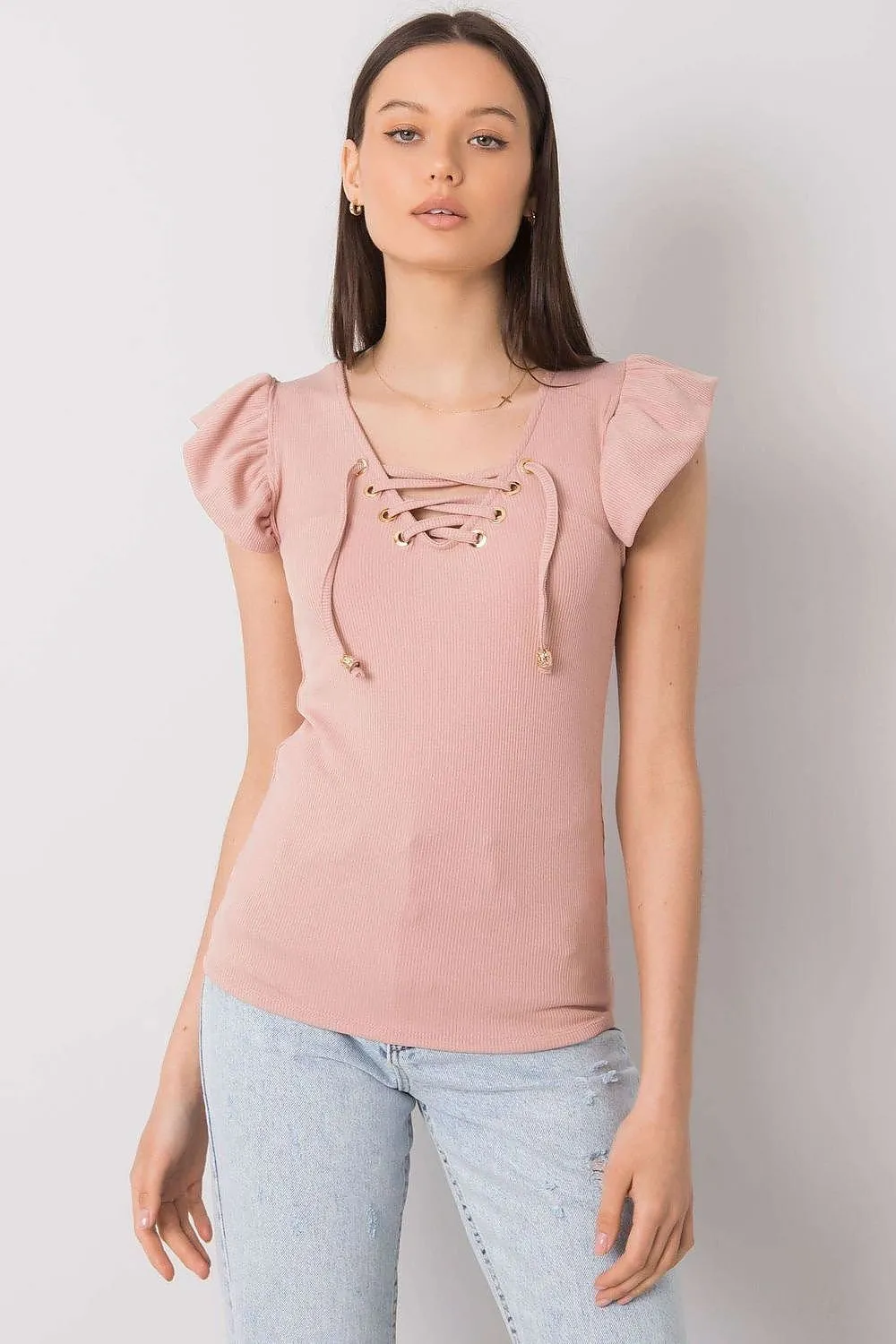 Chic Italian Ribbed Blouse with Stylish Frill and Unique Neckline