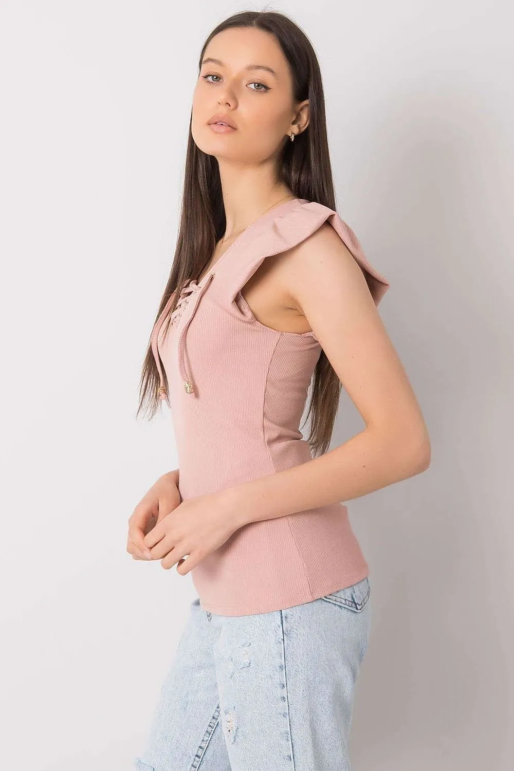 Chic Italian Ribbed Blouse with Stylish Frill and Unique Neckline