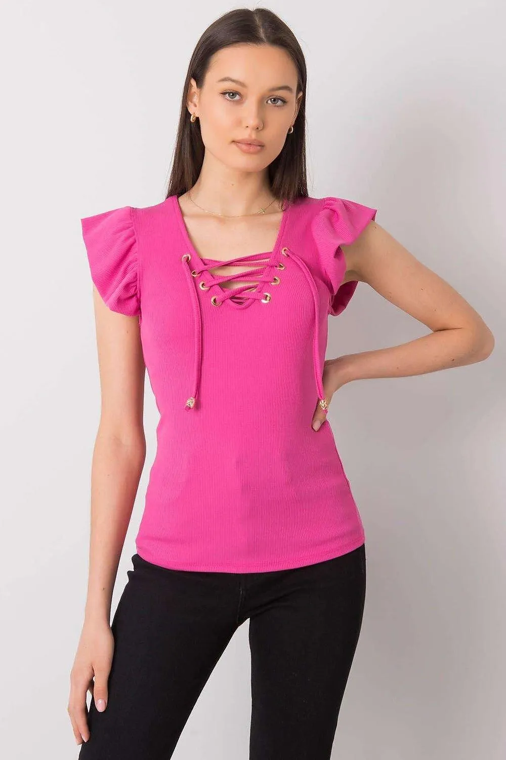 Chic Italian Ribbed Blouse with Stylish Frill and Unique Neckline