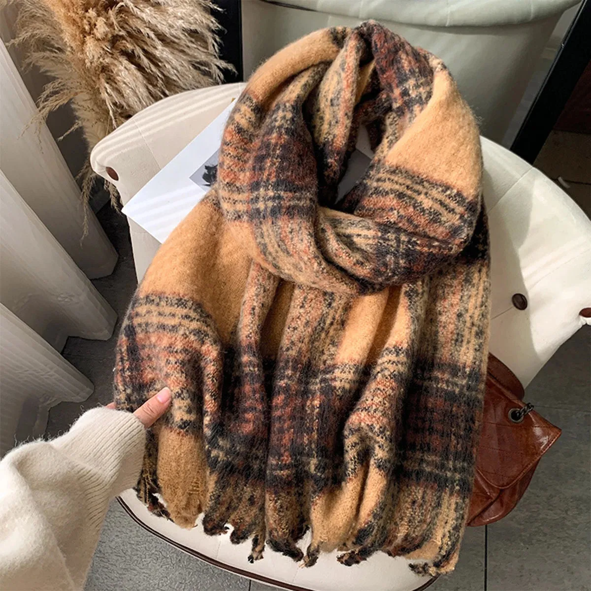 Design Luxury Plaid Winter Warm Cashmere Long Bandana Pashmina Female Scarf