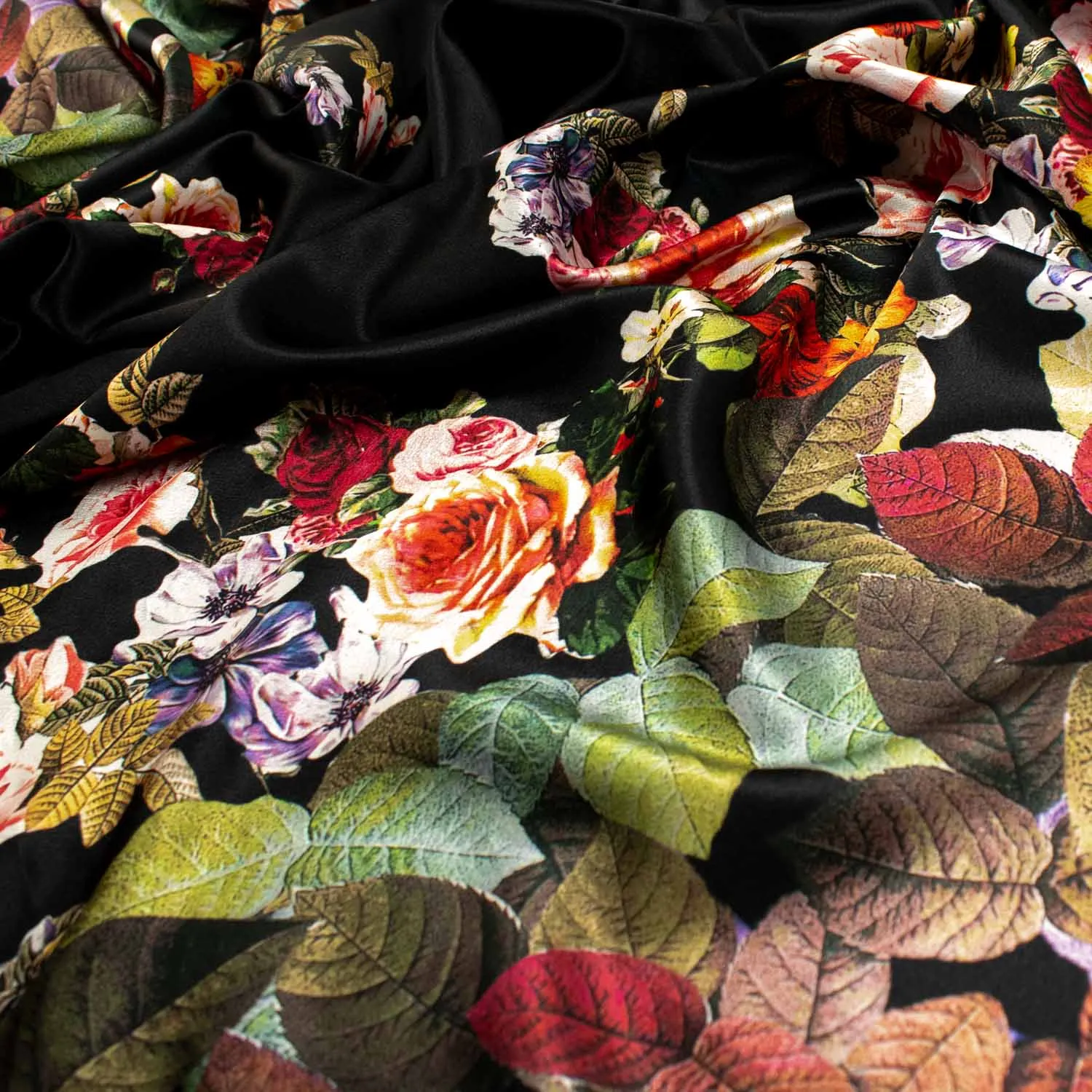 Digital Printed Satin Design-10 Border Printed Floral & Leaves on Black