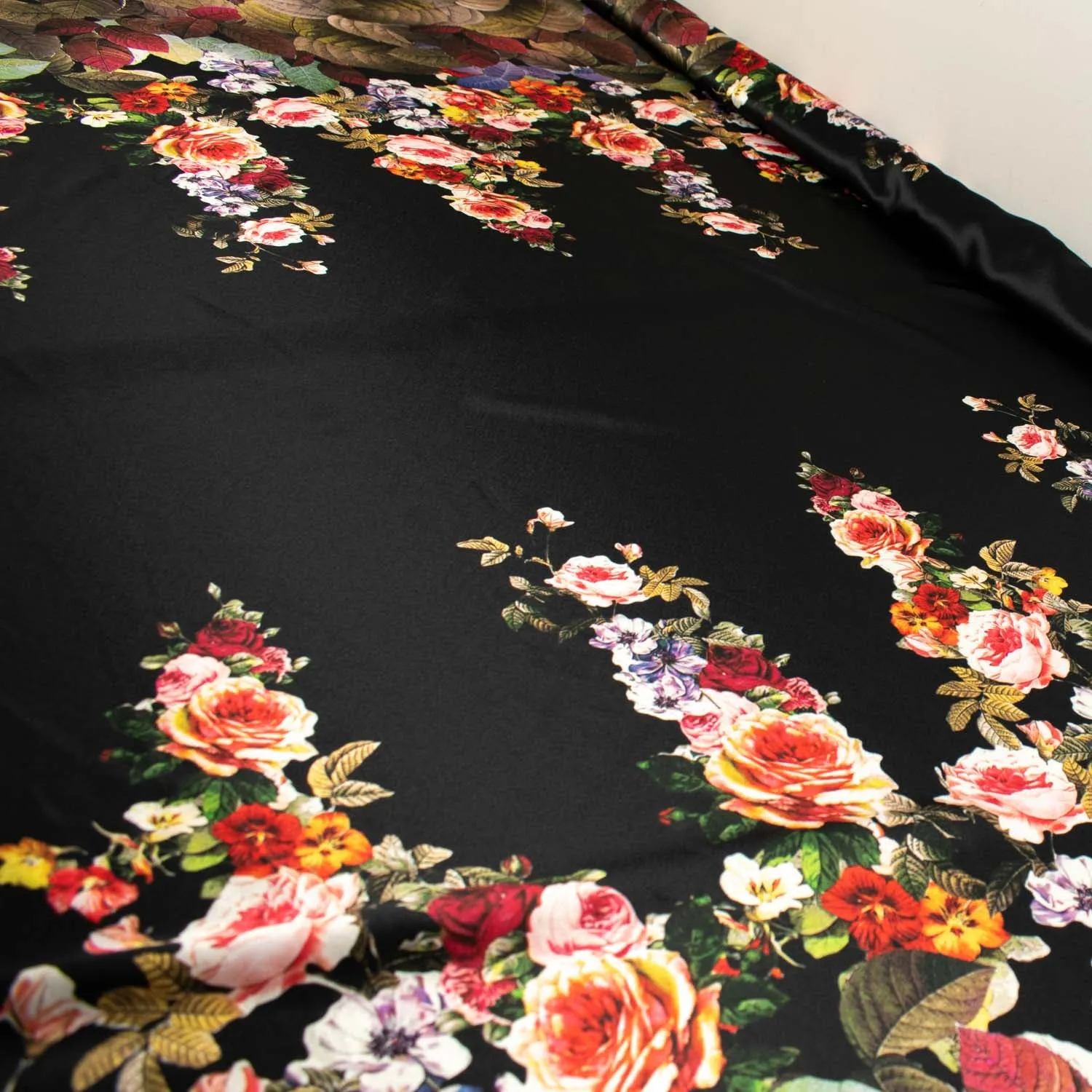 Digital Printed Satin Design-10 Border Printed Floral & Leaves on Black