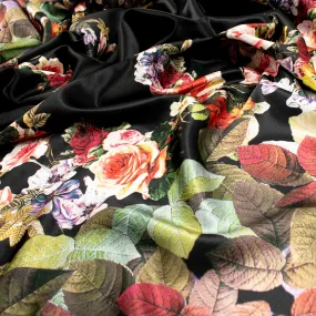 Digital Printed Satin Design-10 Border Printed Floral & Leaves on Black