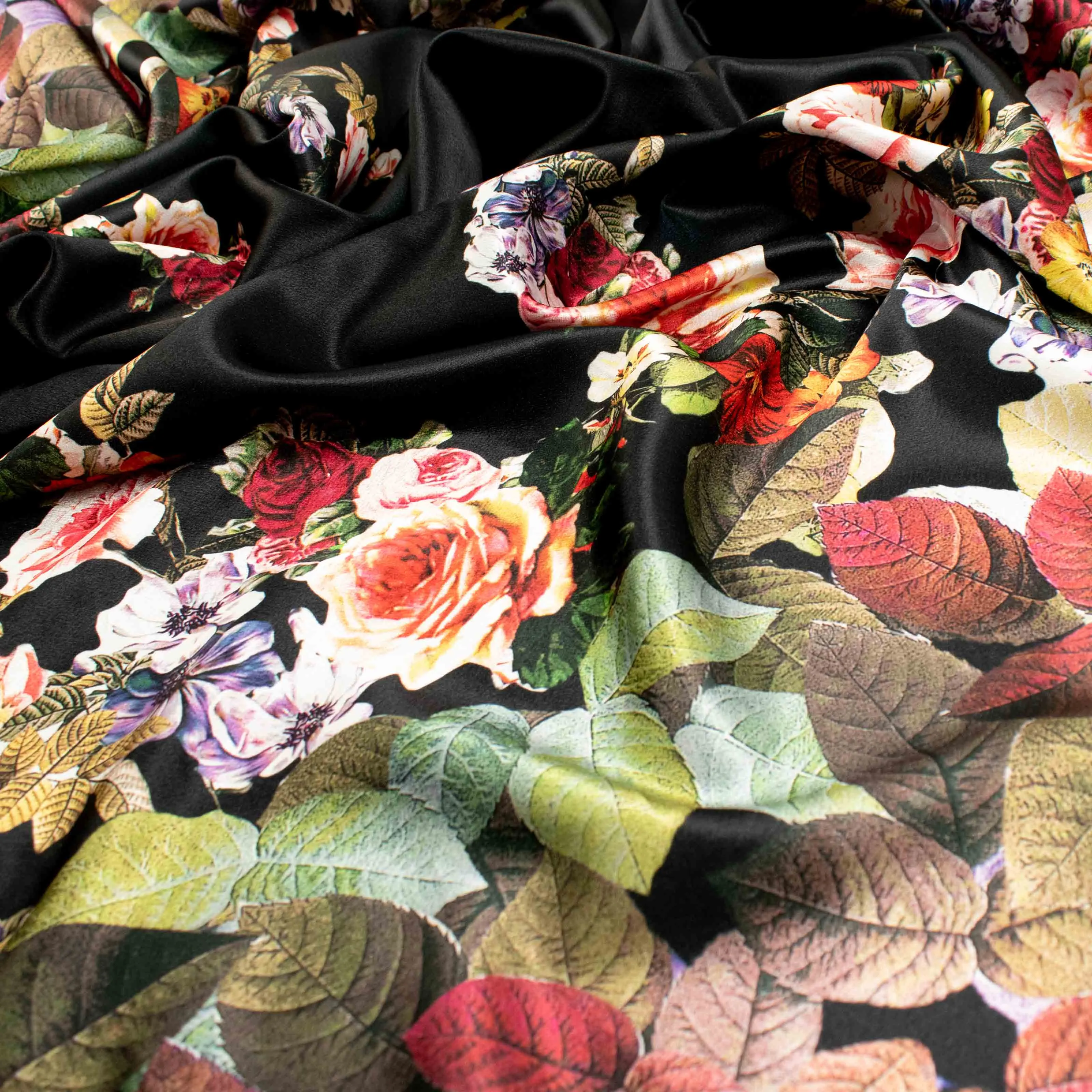 Digital Printed Satin Design-10 Border Printed Floral & Leaves on Black