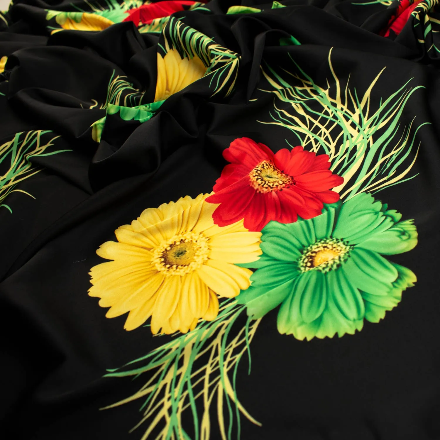 Digital Printed Satin Design-15 Yellow & Red Florals on Black