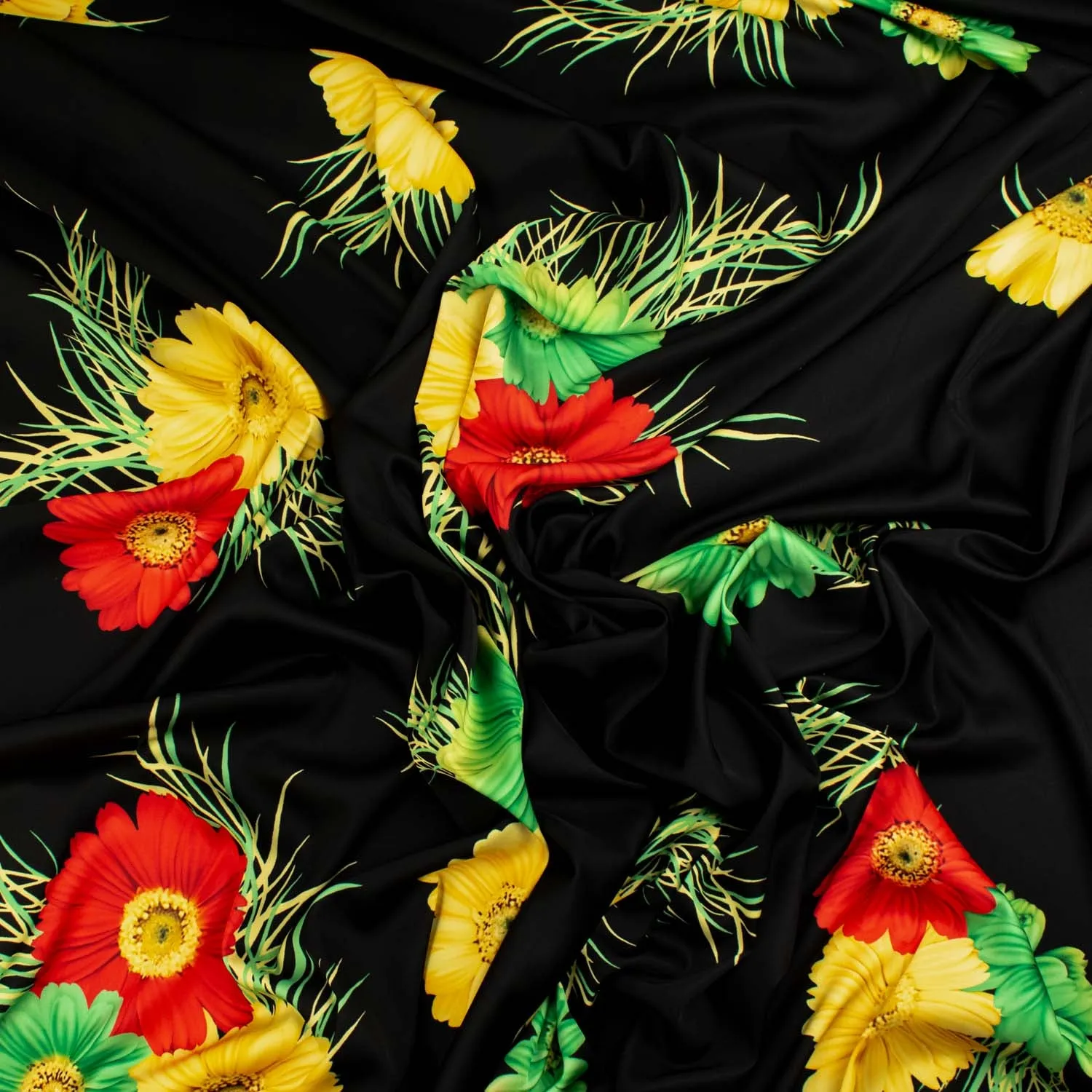 Digital Printed Satin Design-15 Yellow & Red Florals on Black