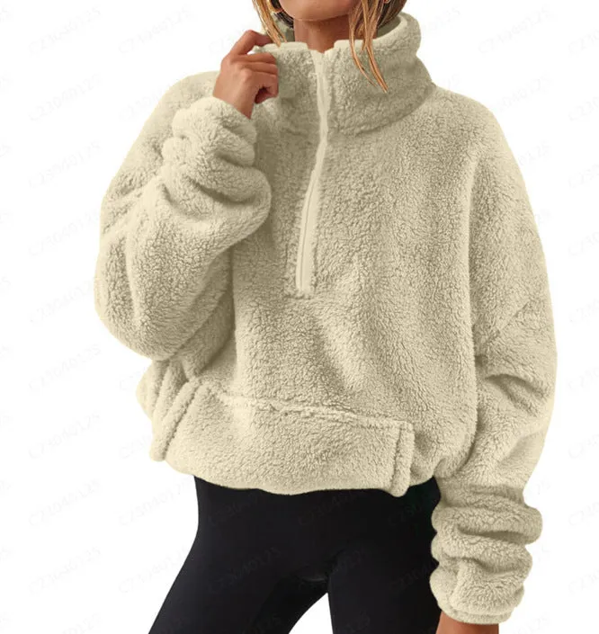 European And American Velvet Fleece-lined Women's Half Zipped Stand Collar Sweater