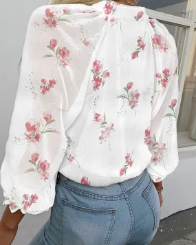 Floral Print Stand Collar Long Sleeve Blouse Front Button Casual Top