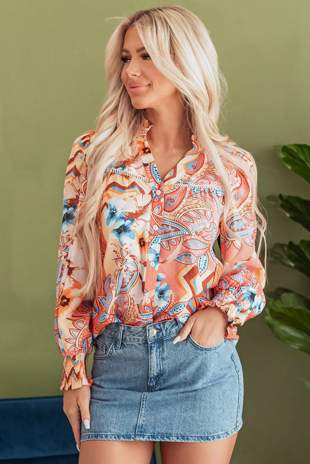 Floral Shirred Cuff Loose Shirt