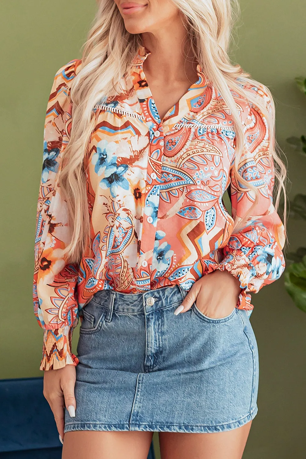 Floral Shirred Cuff Loose Shirt