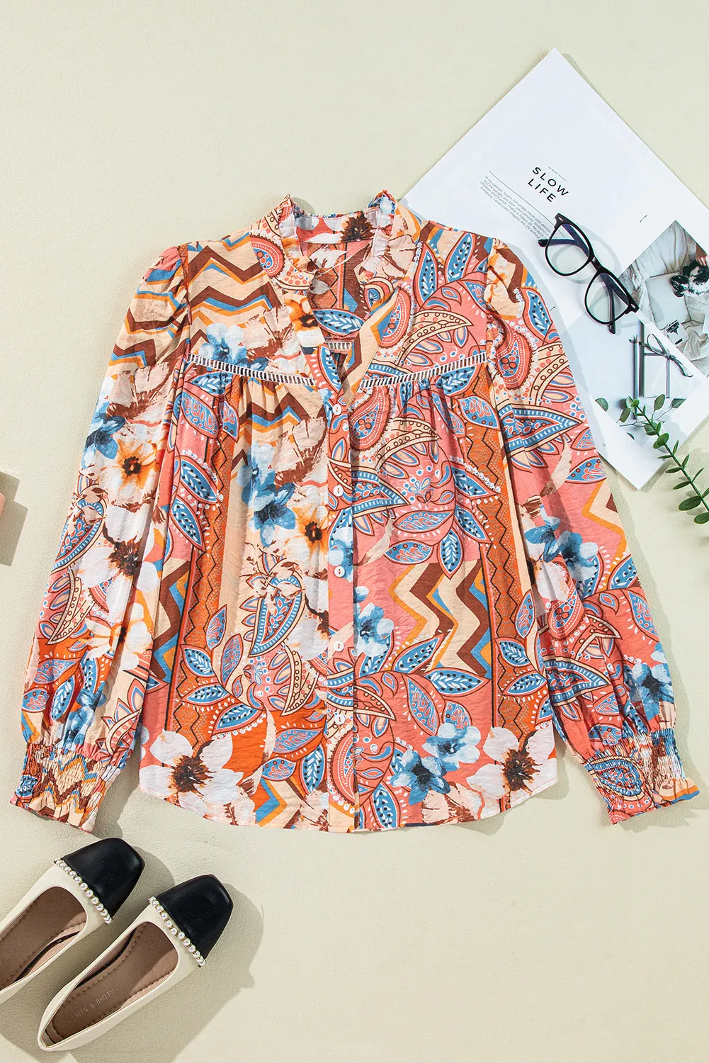 Floral Shirred Cuff Loose Shirt