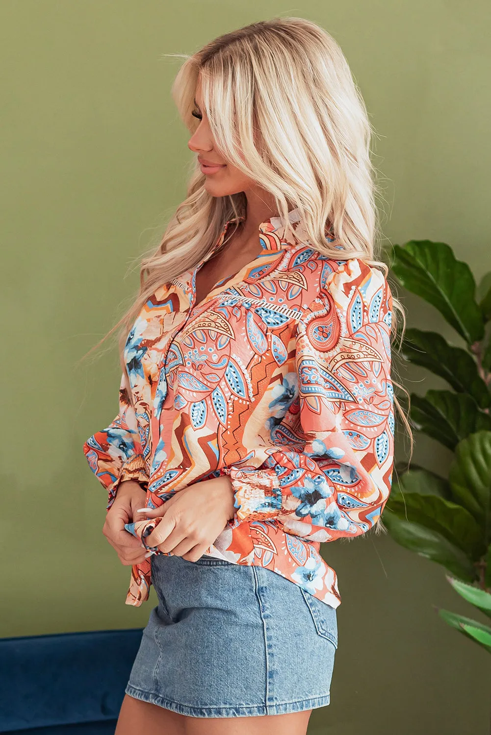 Floral Shirred Cuff Loose Shirt