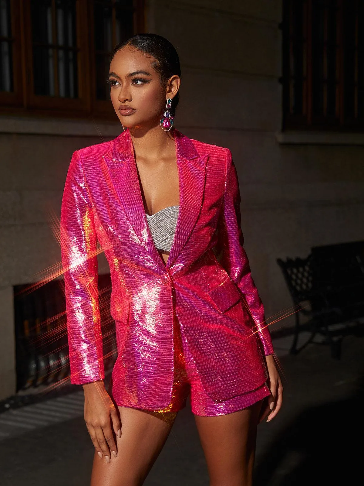 Hanako Sequin Blazer Shorts Set In Hot Pink