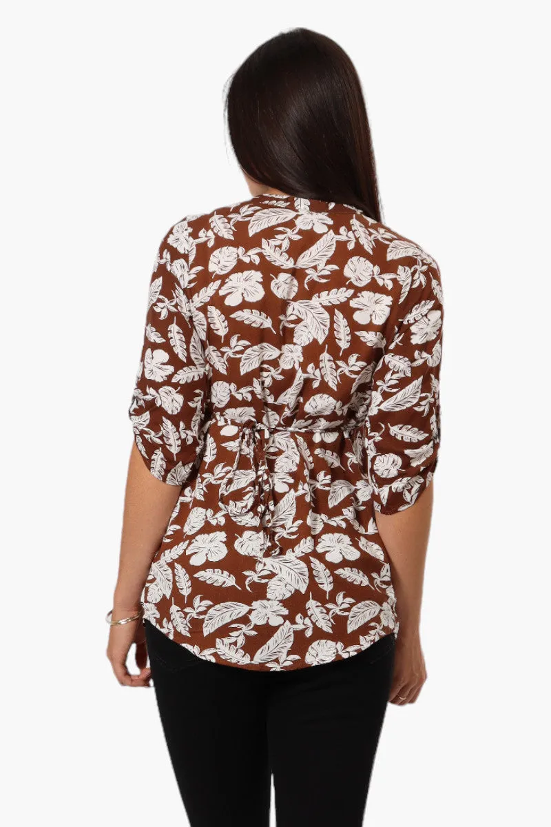 International INC Company Patterned Tie Back Roll Up Sleeve Shirt - Brown