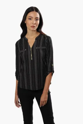 International INC Company Striped Roll Up Sleeve Blouse - Black