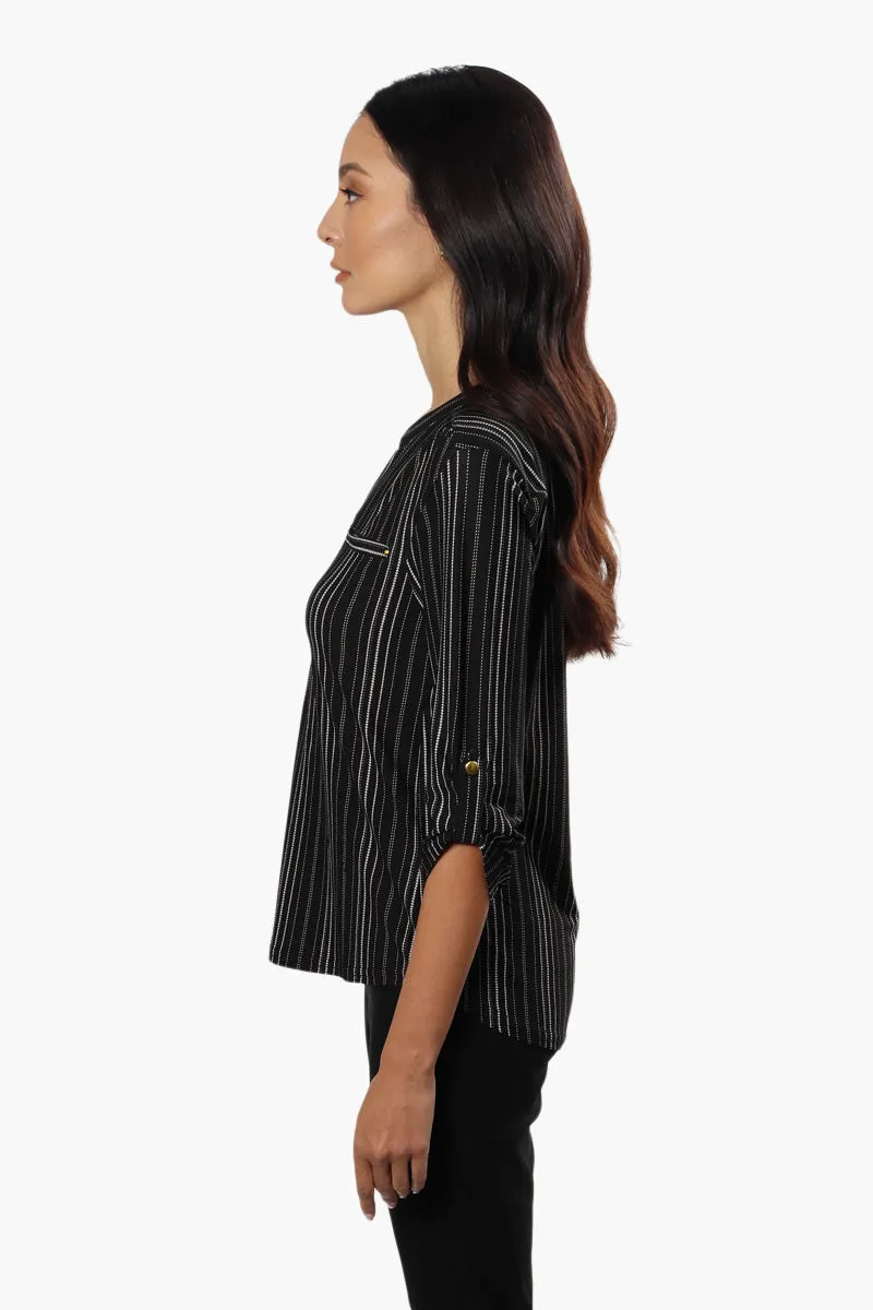 International INC Company Striped Roll Up Sleeve Blouse - Black