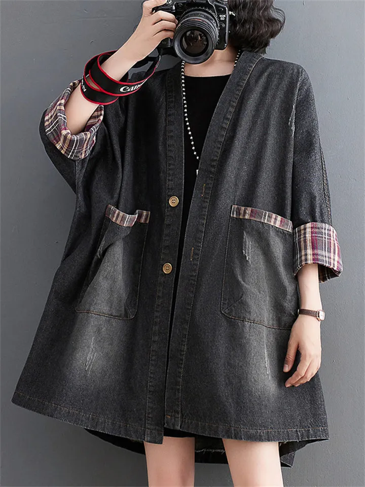 Ladies Stylish Plaid Patchwork Pockets Denim Jacket