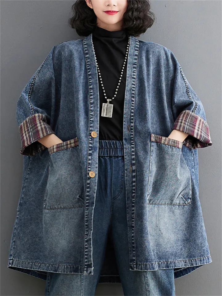 Ladies Stylish Plaid Patchwork Pockets Denim Jacket