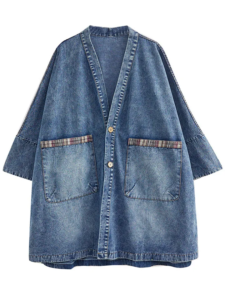 Ladies Stylish Plaid Patchwork Pockets Denim Jacket