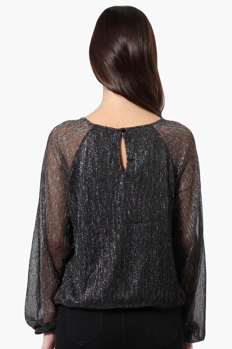 Limite Sheer Sleeve Lurex Keyhole Blouse - Black