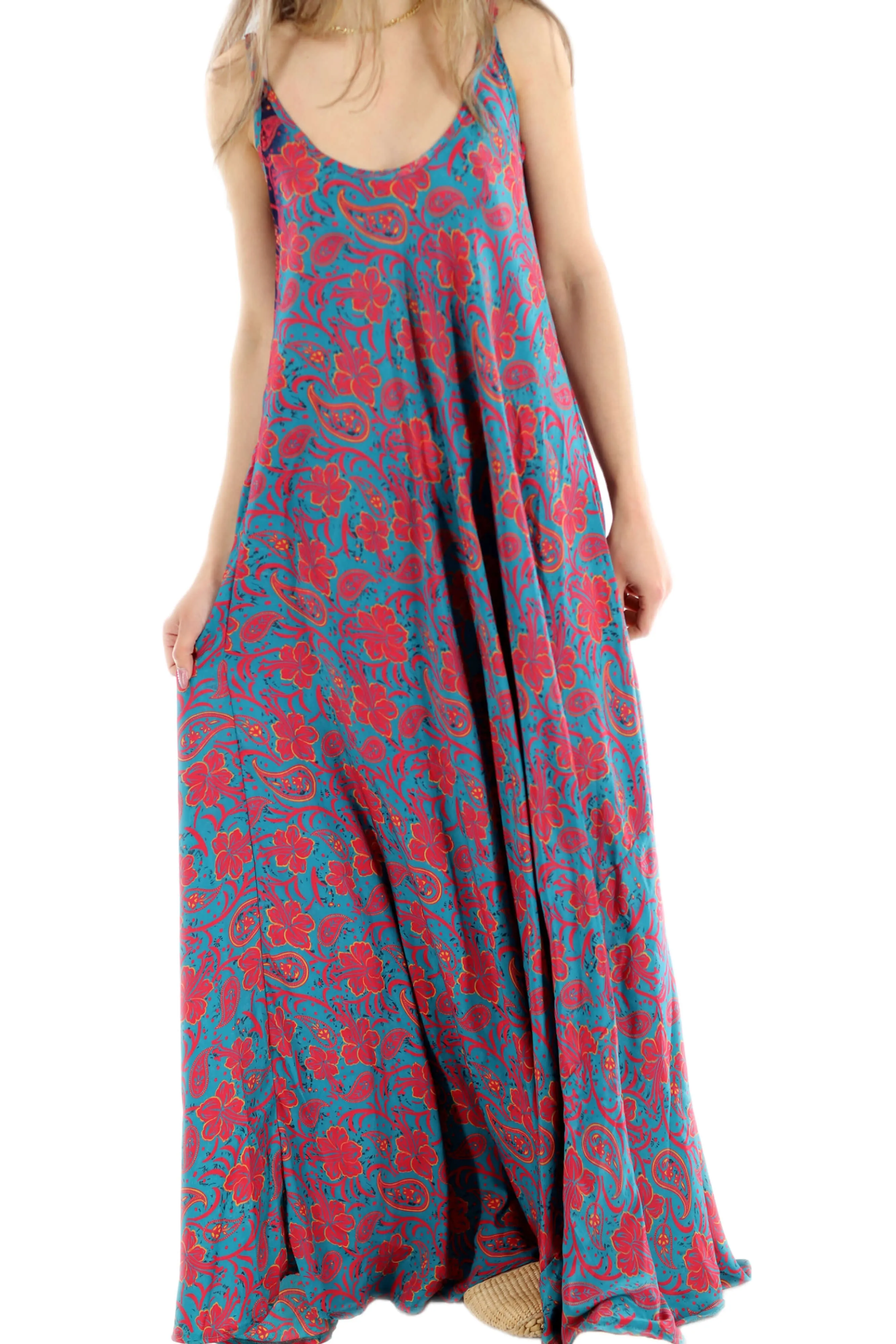 Long Flowy Floral "Stefania" Maxi dress in Blue/Pink