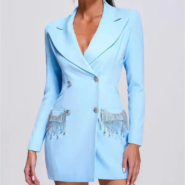 Long-sleeved V-neck Tassel Diamond Suit