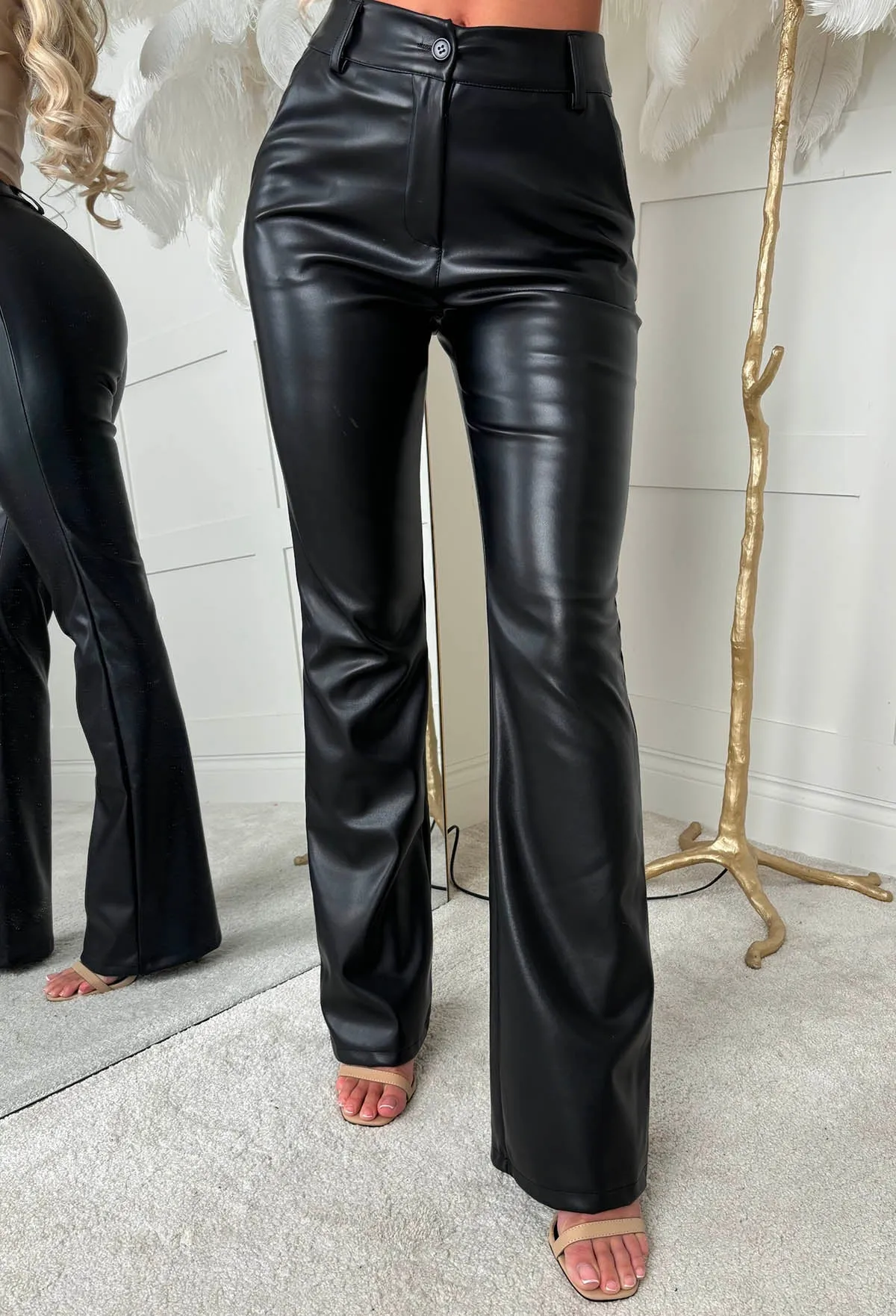 Luxe Iconic Black Faux Leather Flared Leg Trousers